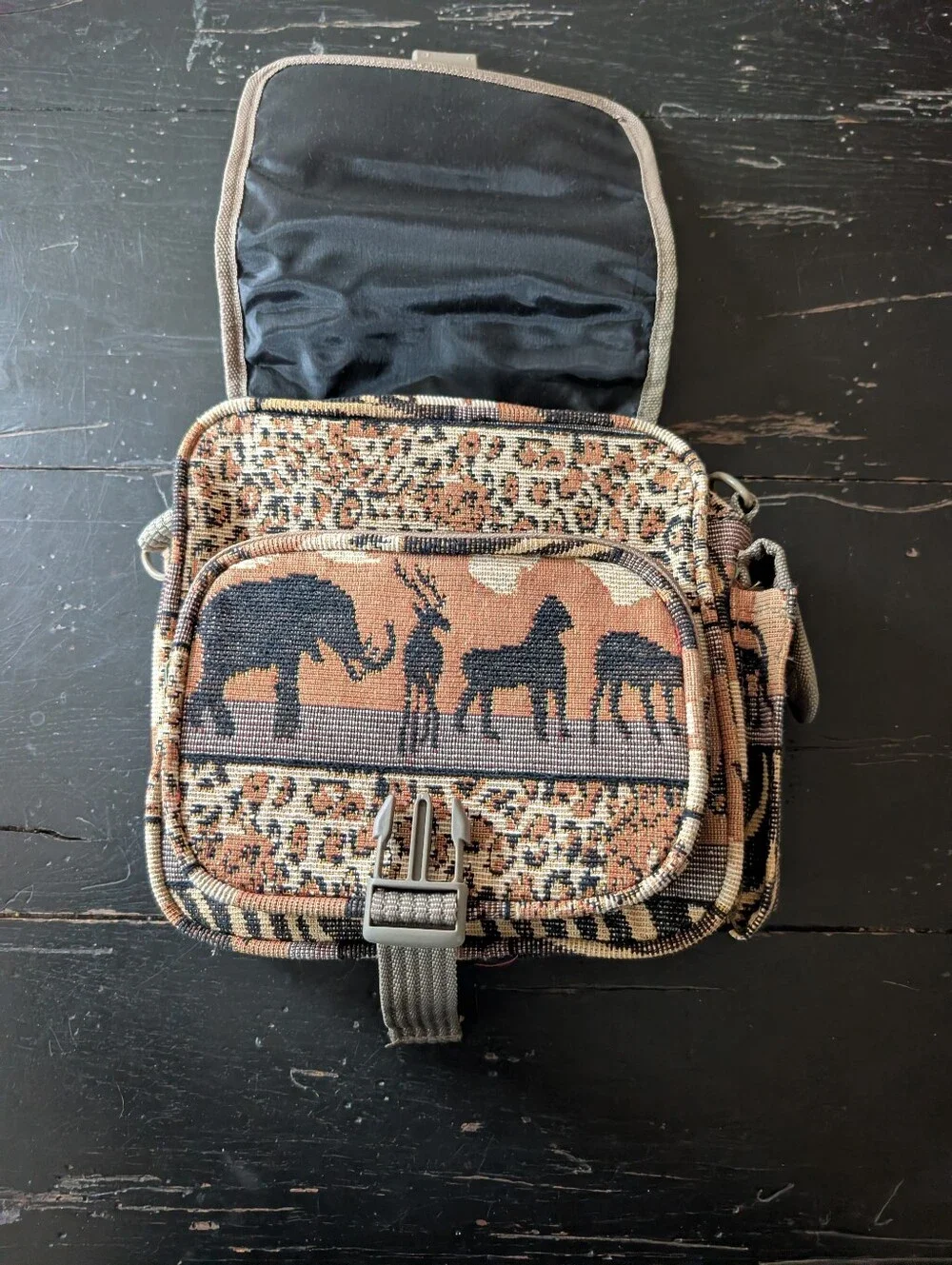 Vintage 90s Y2K Safari Tapestry Crossbody Multi-pocket Utility Bag Gorpcore